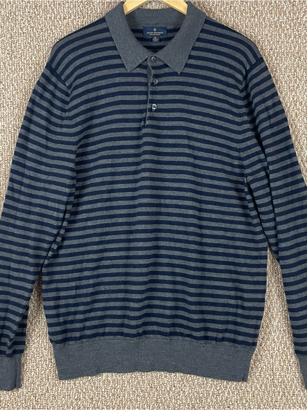 Brooks Brothers Polo Sweater Mens XL Gray Blue Merino Wool Quiet Luxury F197